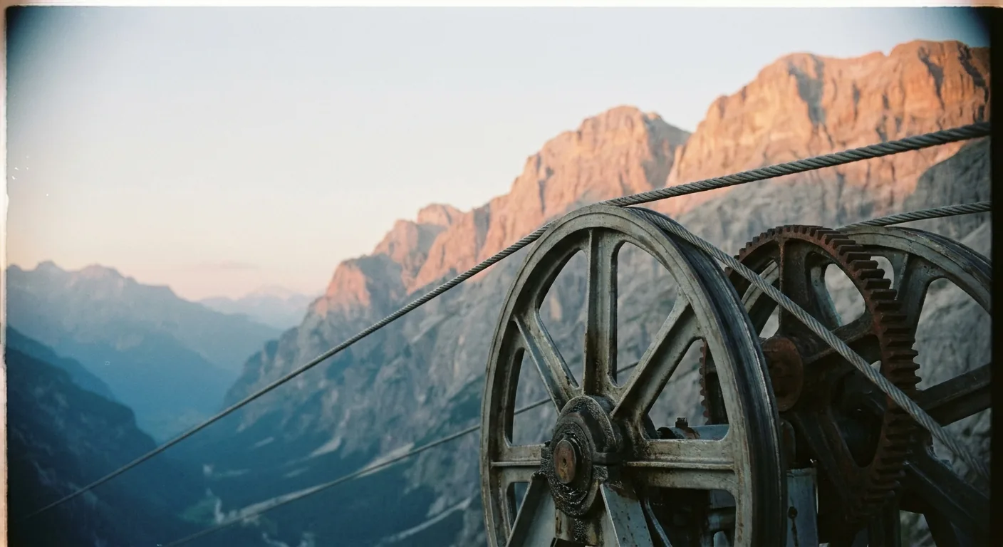 Stählerne Umlenkräder einer Seilbahn-Mechanik vor Alpenkulisse
