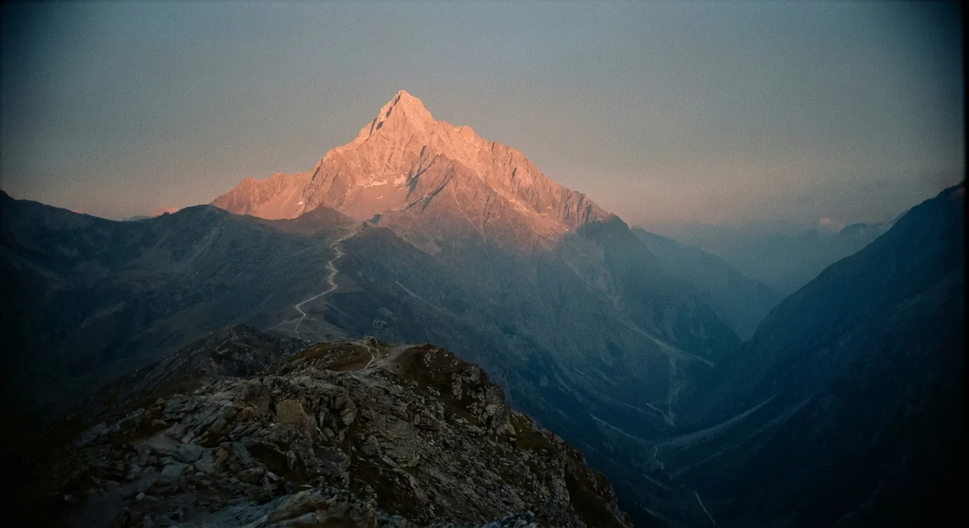 Alpenglühender Gipfel als Ziel über einem im Schatten liegenden Tal