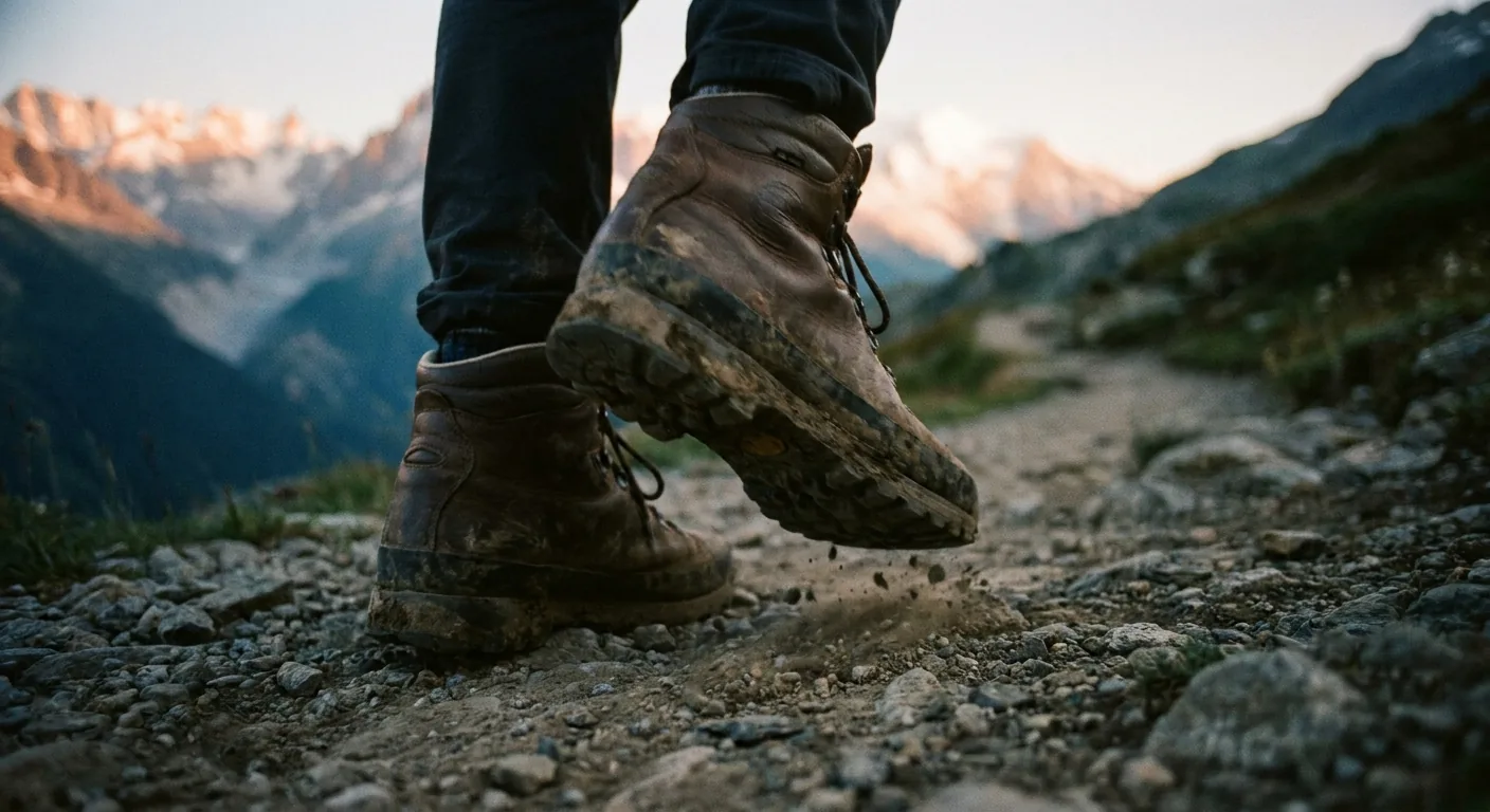 Abgenutzte Wanderschuhe im Schritt auf einem steilen Alpenpfad