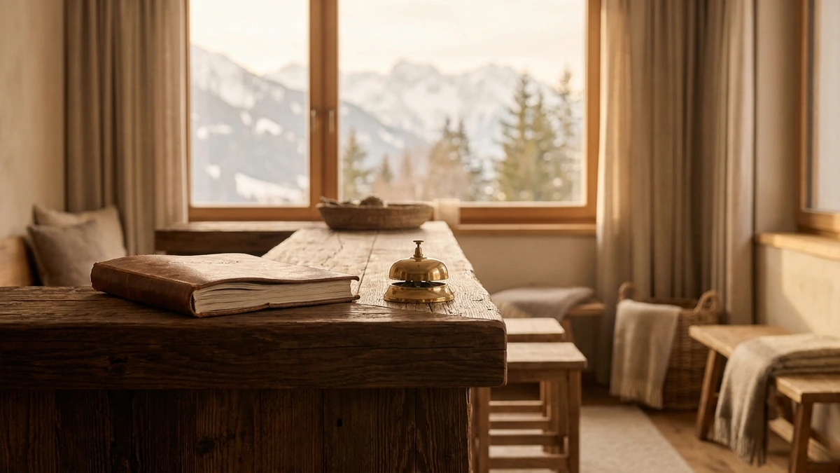 Rezeptionstresen eines Tiroler Boutique-Hotels am Morgen mit Gästebuch und Tischglocke, Bergblick im Hintergrund