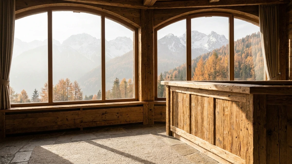 Leerer Schreibtisch in einer hellen Hotellobby mit Blick auf Berge im Morgenlicht