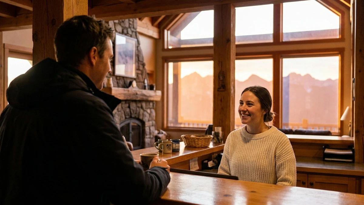 Rezeptionistin begrüßt einen wiederkehrenden Gast persönlich am Holz-Empfang eines Tiroler Hotels im warmen Abendlicht