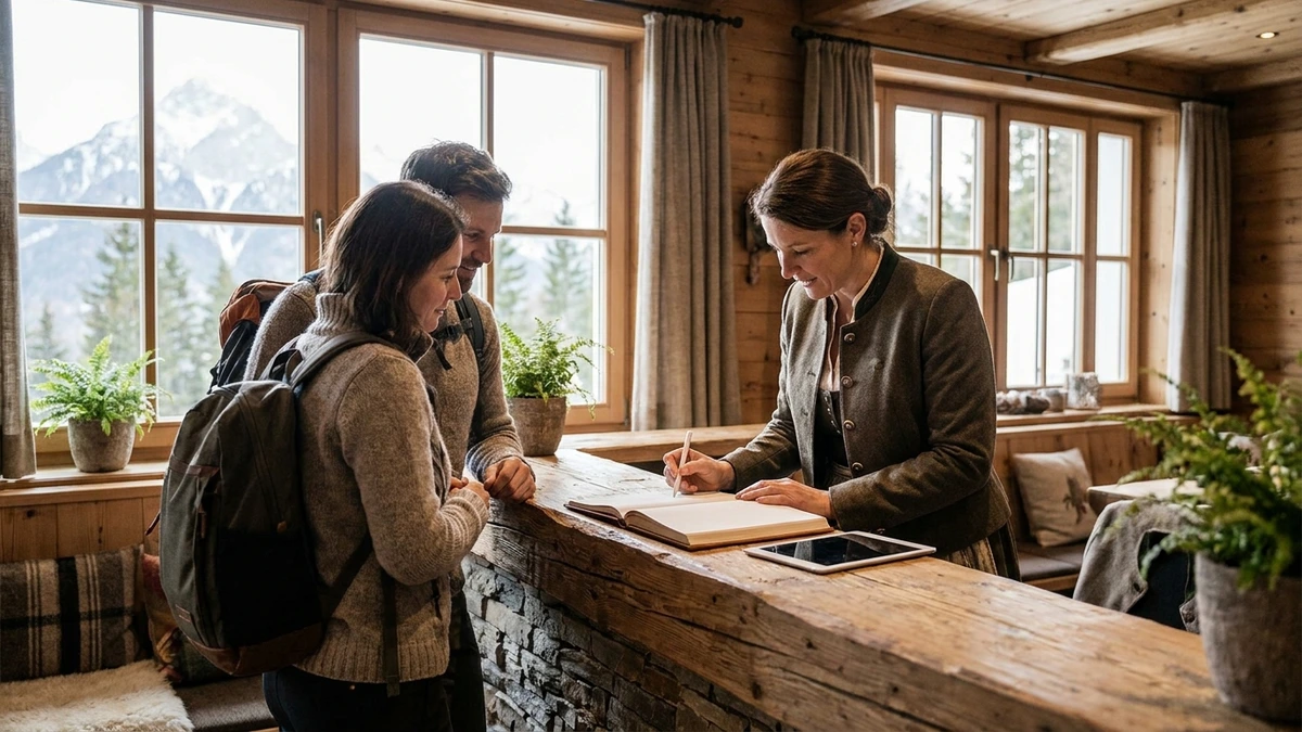 Gäste checken an der Rezeption eines Alpenhotels persönlich ein, die Gastgeberin trägt den Eintrag von Hand ein