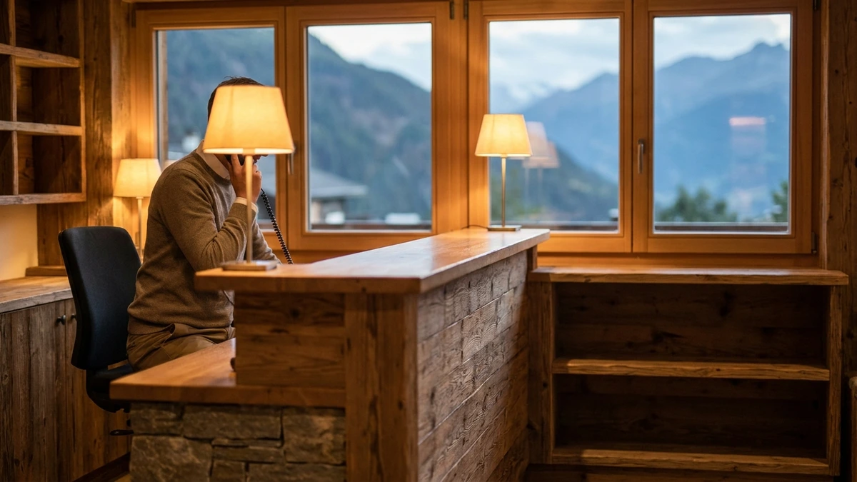 Rezeptionist telefoniert an der Holzrezeption eines Alpenhotels bei Abendlicht mit Bergblick