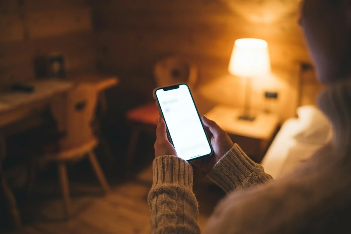 Gast hält abends ein Smartphone in einem Alpenhotel-Zimmer, der Bildschirm leuchtet mit einer Nachricht