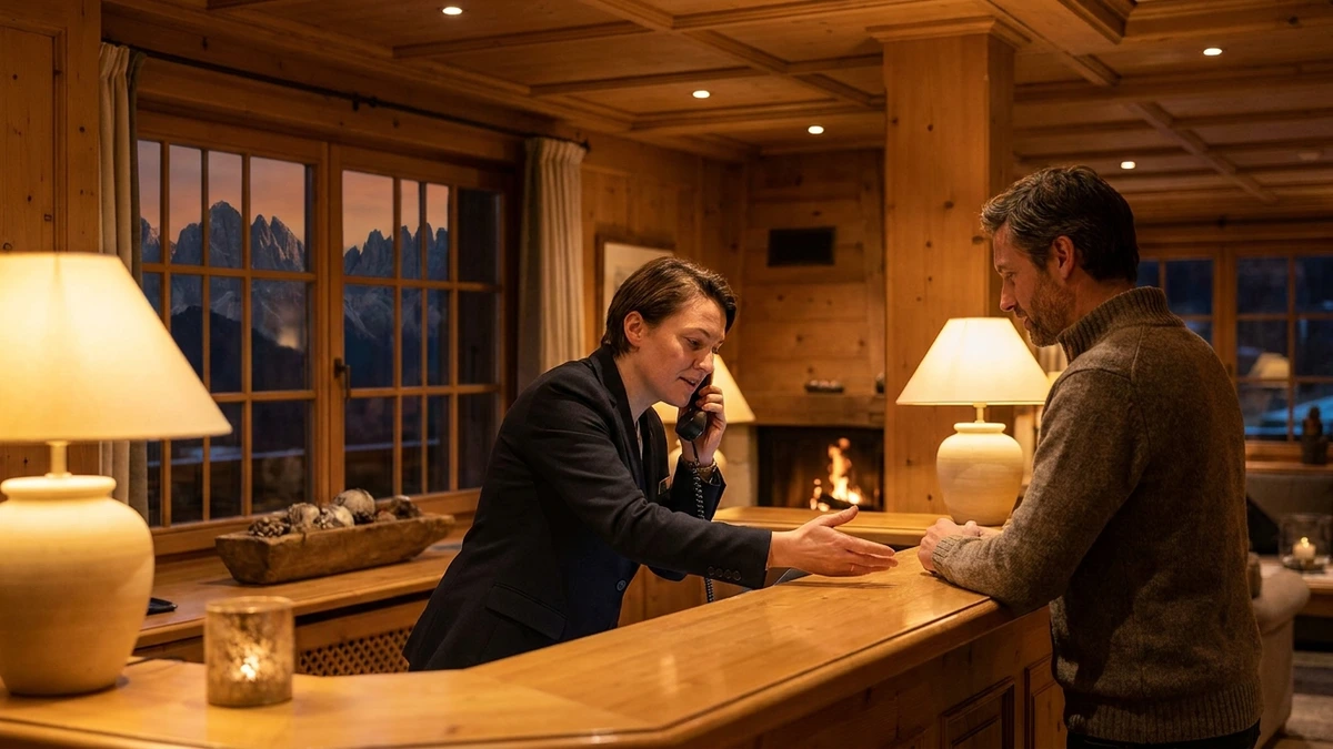 Rezeptionistin am Holztresen eines Bergchalets telefoniert und begrüßt einen Gast, im Hintergrund Kamin und Berge im Abendlicht