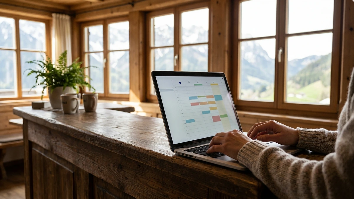 Rezeption eines Tiroler Alpenhotels mit Bergblick, Hände tippen auf einem Laptop mit Buchungskalender