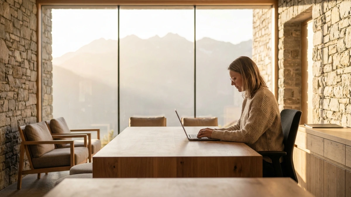 Hotelmitarbeiterin am Laptop an der Rezeption eines Tiroler Hotels mit Blick auf die Berge