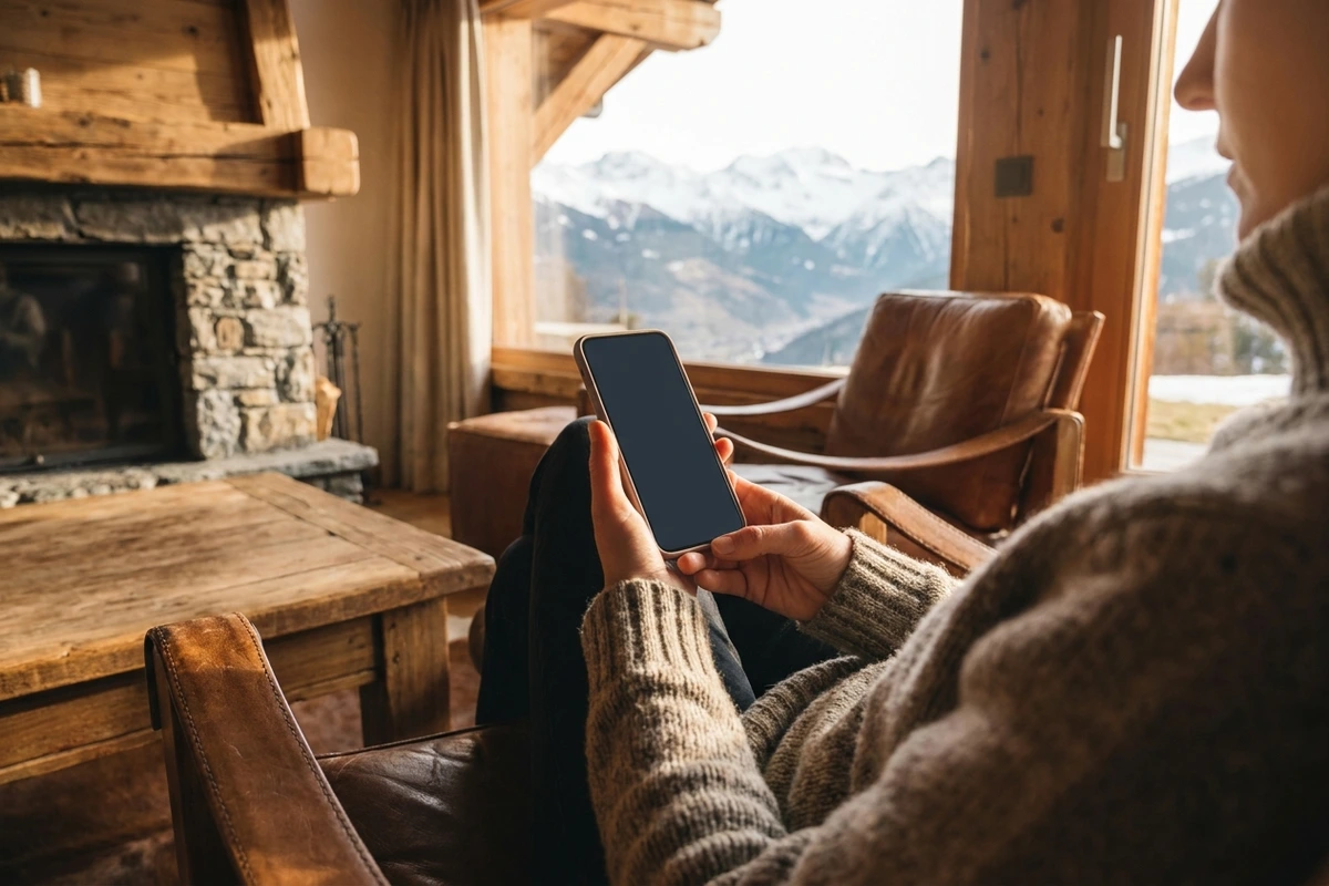 Hände halten ein Smartphone in einer gemütlichen Hotellounge mit Blick auf verschneite Berge