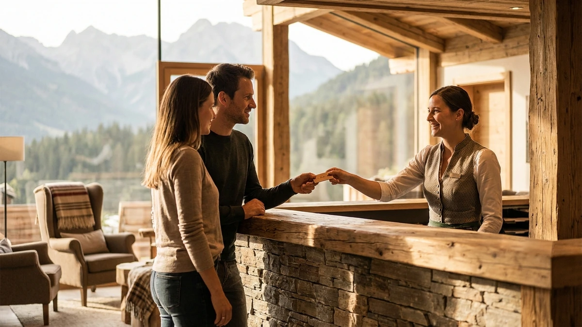 Rezeption eines Tiroler Hotels mit Gast am Check-in und Bergblick durch große Fenster