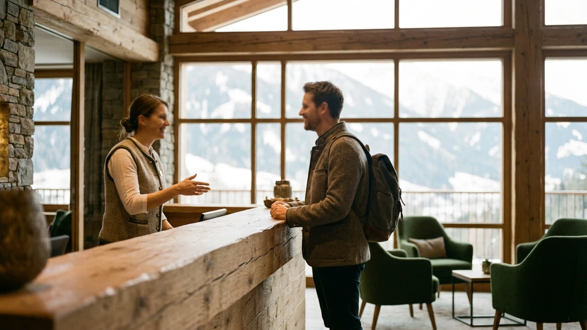 Rezeptionistin begrüßt einen wiederkehrenden Gast in der Lobby eines Tiroler Hotels