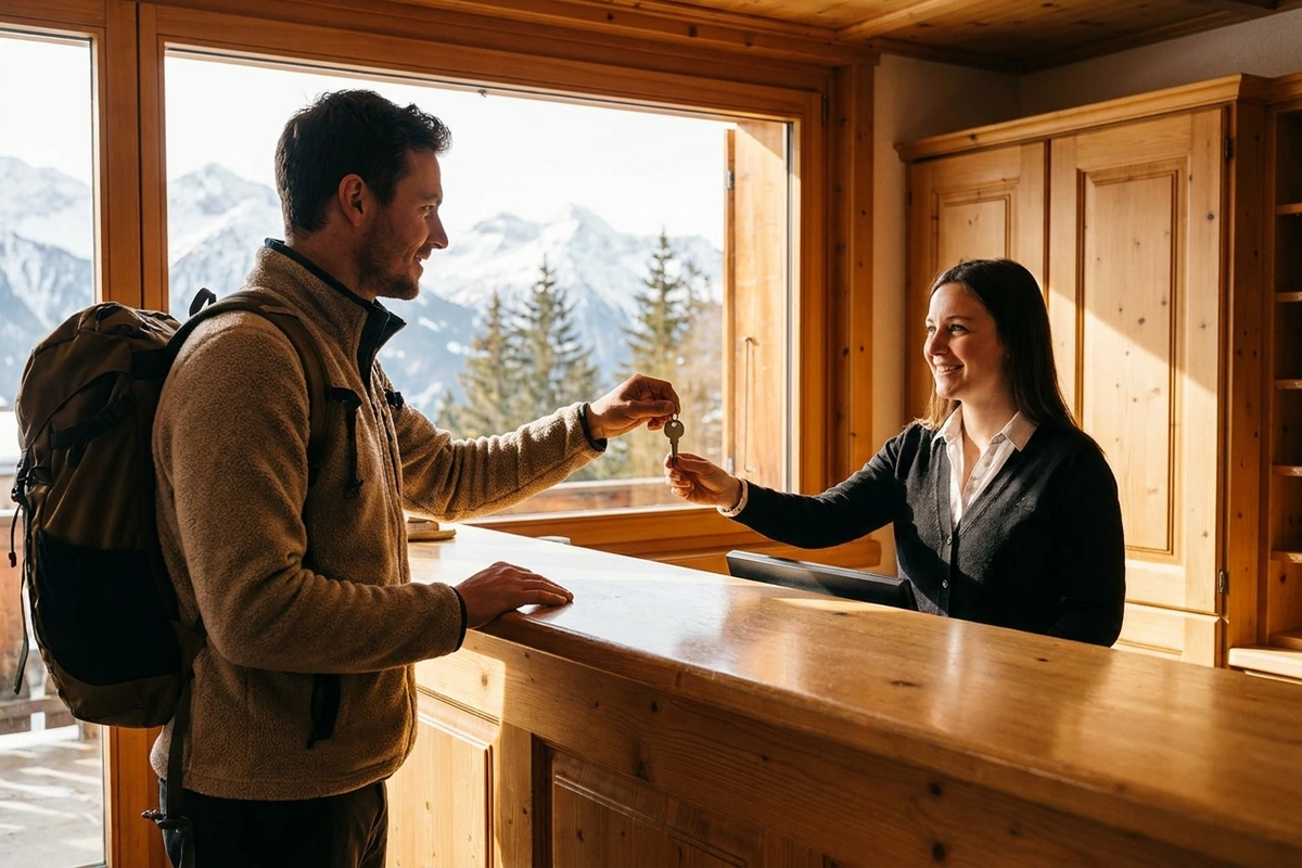 Gast übergibt am Empfangstresen eines Alpenhotels den Zimmerschlüssel an eine Mitarbeiterin, im Hintergrund Bergpanorama