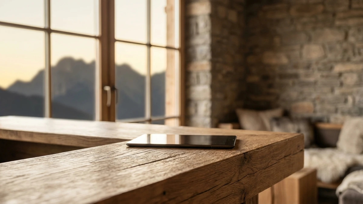 Tablet auf einem Holztresen in einem Tiroler Hotel, dahinter Bergblick im Morgenlicht