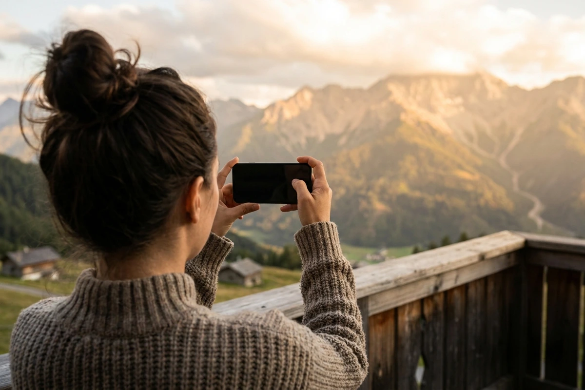 Reisende filmt vom Hotelbalkon mit dem Smartphone das Alpenpanorama, von hinten gesehen