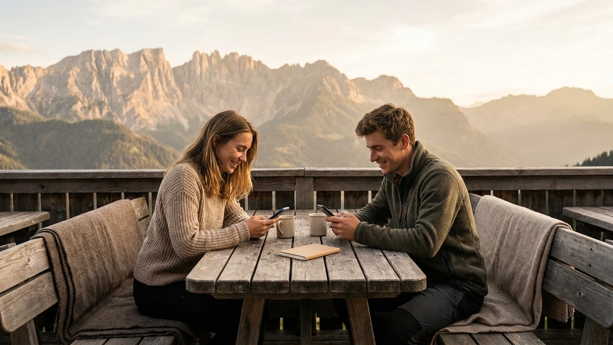 Junge Reisende sitzen mit Smartphones auf einer Hotelterrasse mit Bergblick und recherchieren gemeinsam