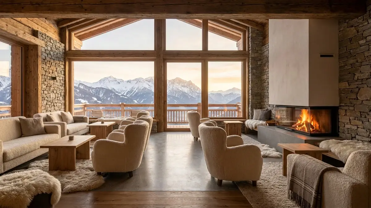 Alpine Hotellobby in Tirol bei goldenem Abendlicht mit Bergpanorama