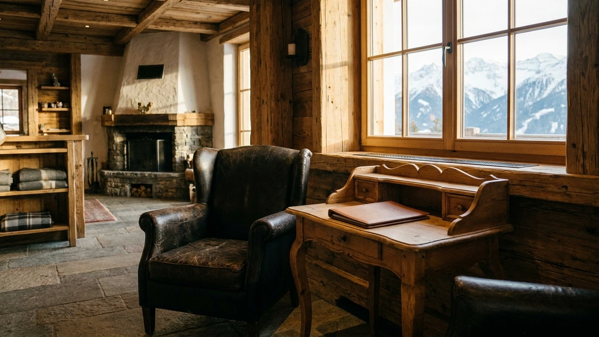 Ruhige Hotellobby in den Bergen mit leerem Sessel, Schreibtisch und geschlossener Mappe im Morgenlicht