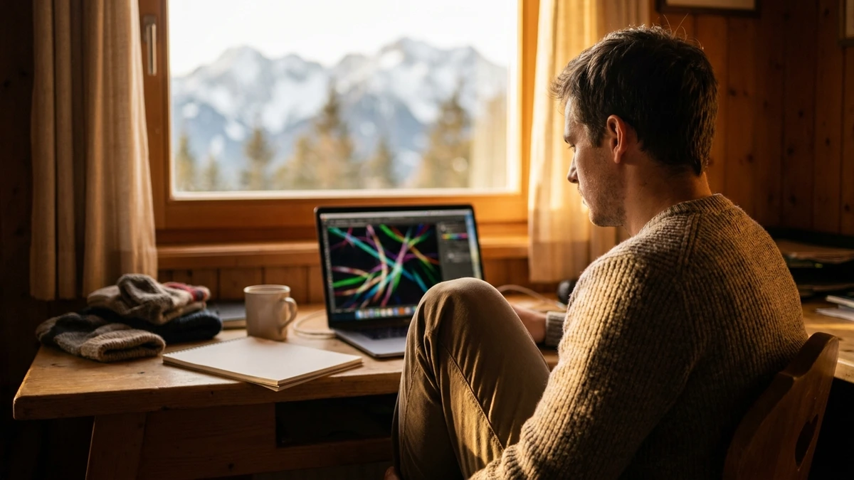 Person prüft am Laptop ein Google-Ads-Konto in einem hellen Hotelbüro