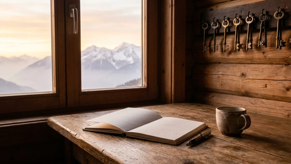 Holztisch am Fenster eines Berghotels mit aufgeschlagenem leerem Notizbuch, Kaffeetasse und alten Schlüsseln an der Wand