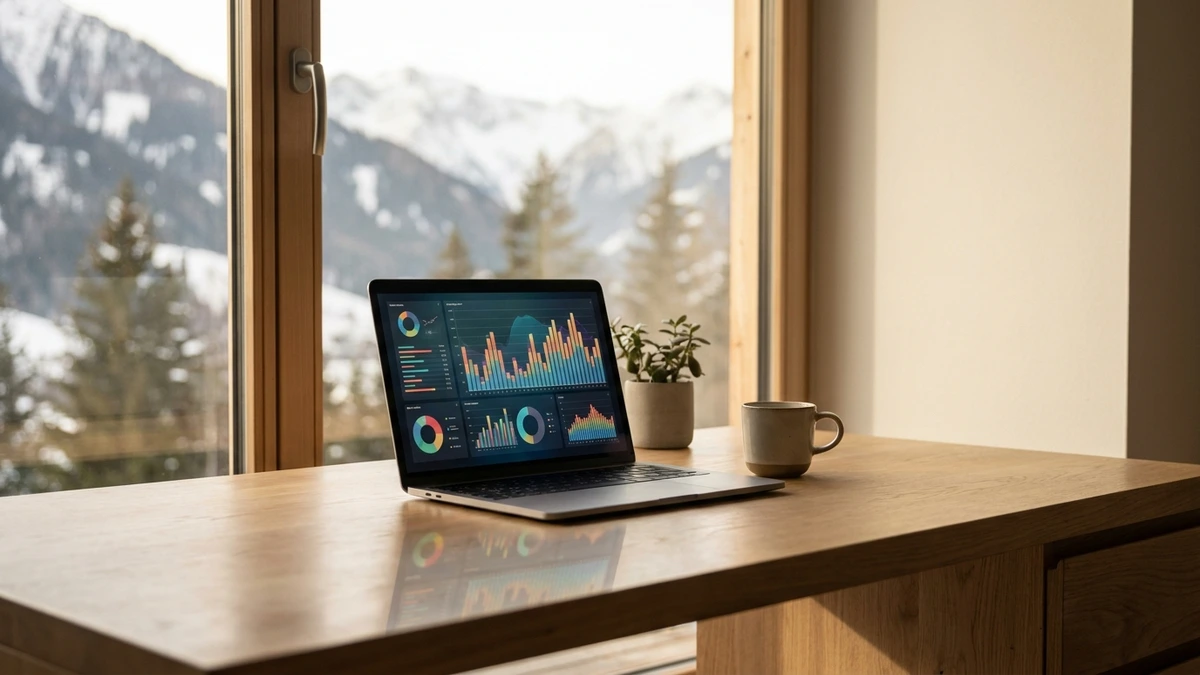 Schreibtisch mit Laptop und Analytics-Diagrammen vor Alpenpanorama in Tirol