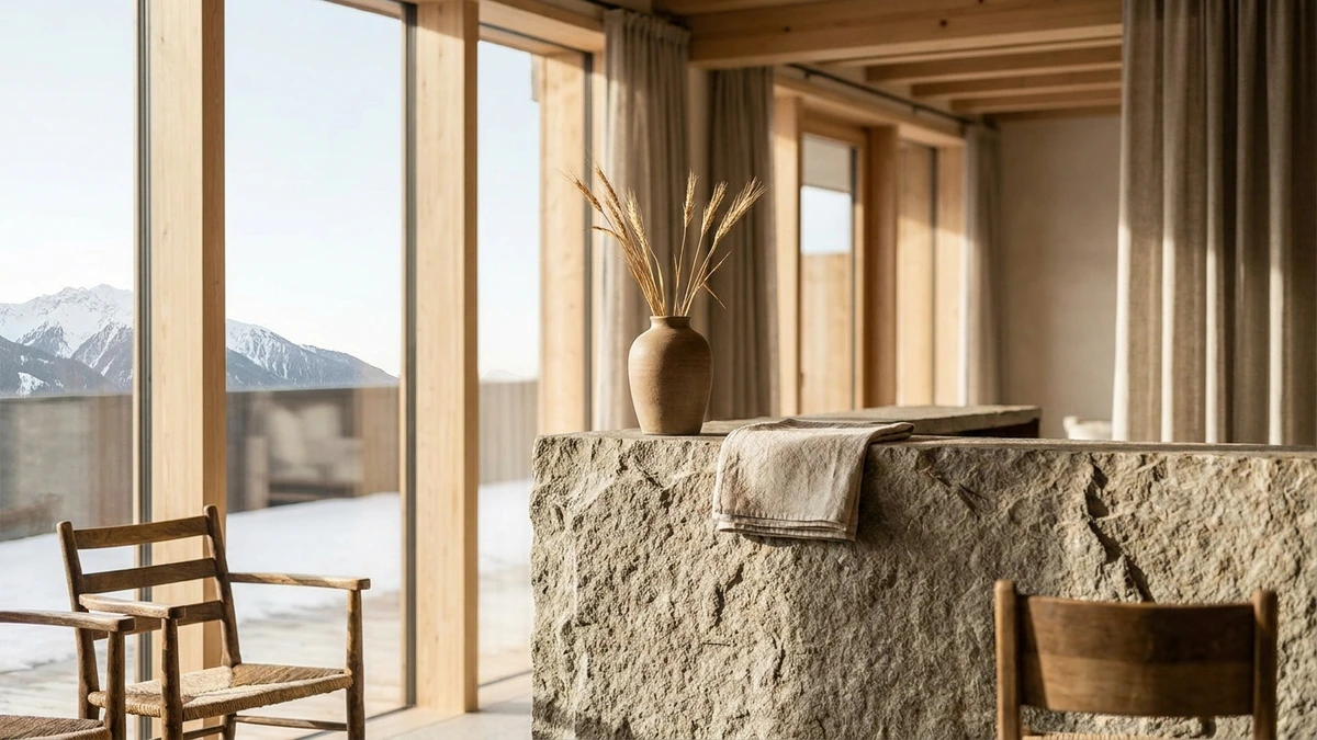 Lobbytresen aus Naturstein in einem Tiroler Hotel mit Blick auf verschneite Berge