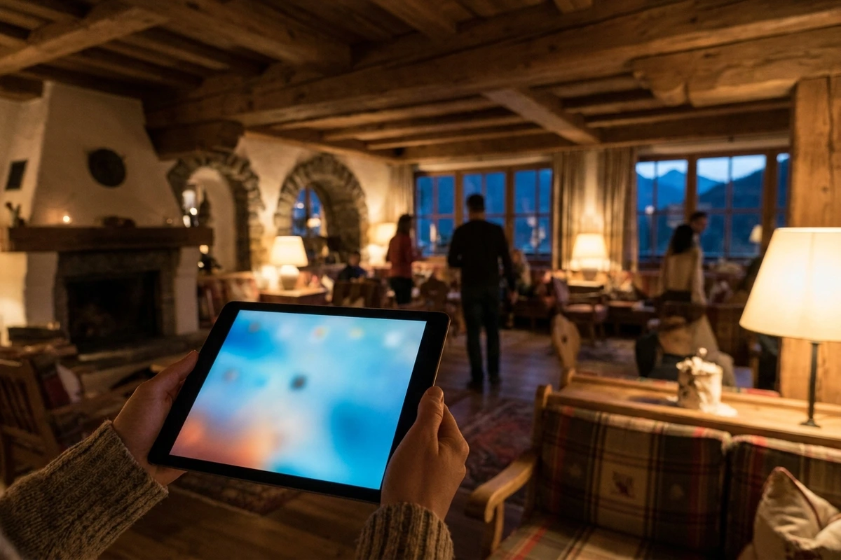 Hände halten ein Tablet mit Buchungsstrecke vor der Lobby eines Tiroler Hotels am Abend