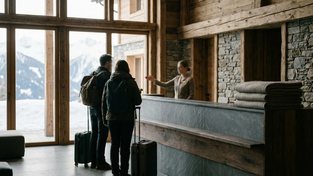 Zwei Gäste mit Koffern an der Rezeption eines Tiroler Hotels, Bergpanorama durch die Fensterfront