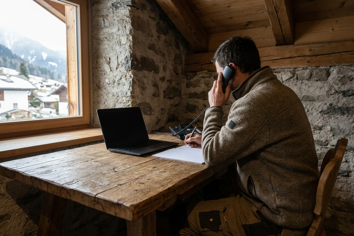 Hotelmitarbeiter telefoniert im Büro und macht sich Notizen auf einem Block