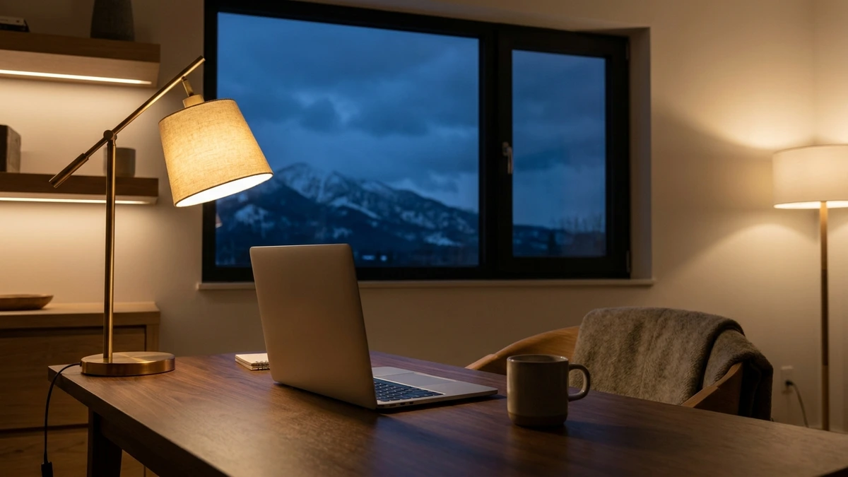 Ruhiger Arbeitsplatz bei Nacht mit Laptop und Bergblick durchs Fenster