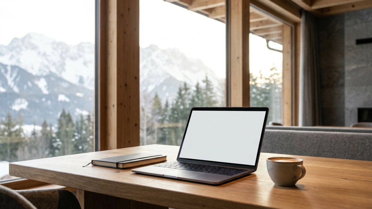 Laptop und Notizbuch auf einem Holztisch in einem Tiroler Hotel, dahinter Fensterfront mit Blick auf verschneite Berge