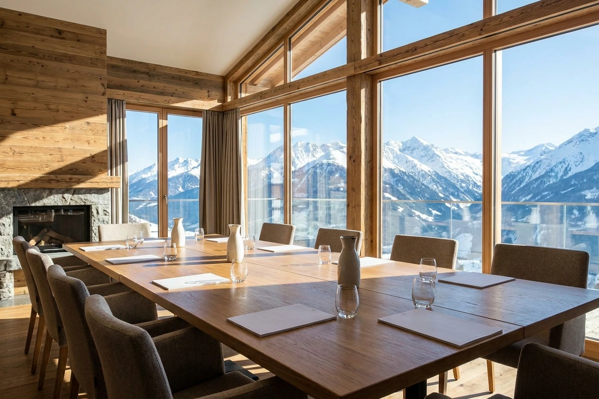 Heller Tagungsraum mit großer Fensterfront und Blick auf verschneite Berge im Inntal