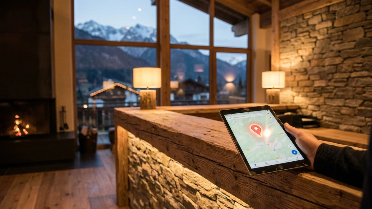 Rezeption eines Tiroler Hotels mit Tablet, auf dem eine Kartenansicht mit Standortmarkierung zu sehen ist