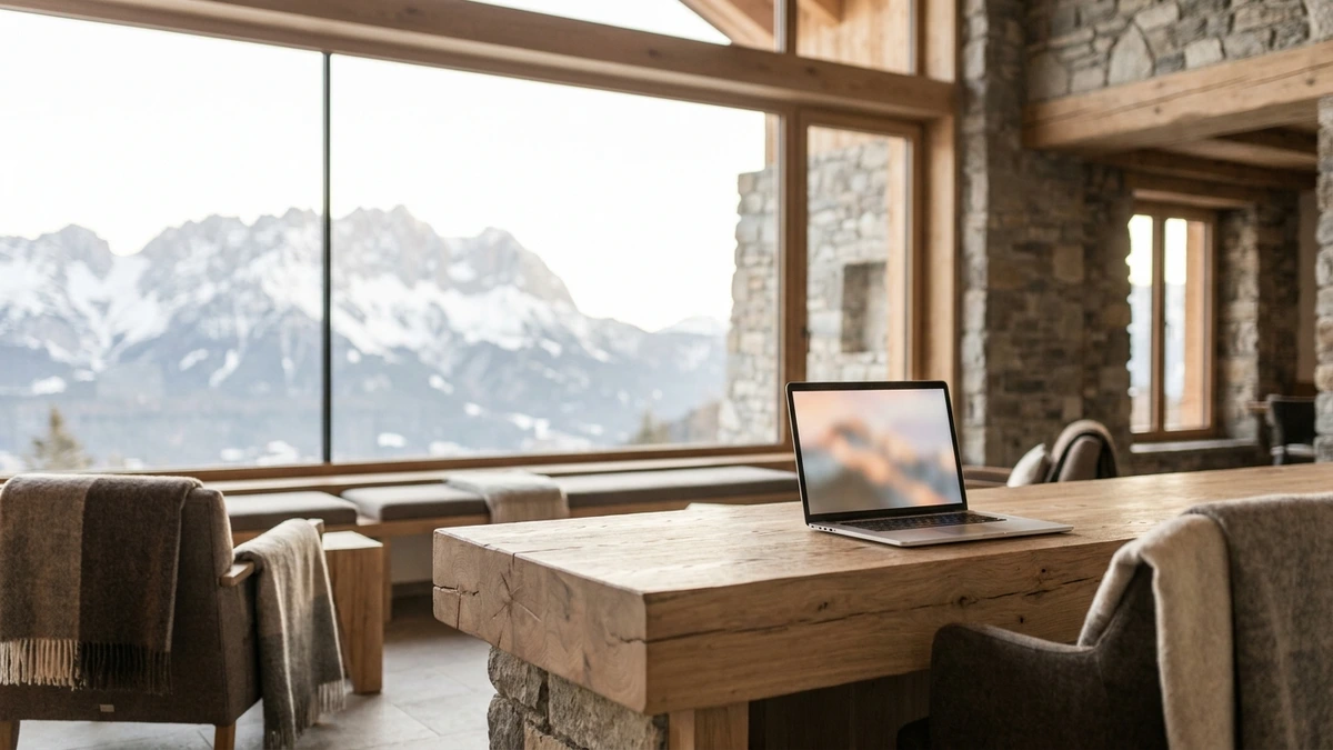 Laptop auf einem Holztisch in einer alpinen Hotellounge mit Panoramafenster und Blick auf verschneite Berge