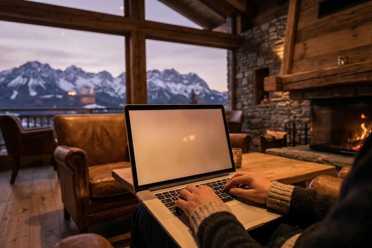Person tippt am Laptop in einer alpinen Hotellounge am Kamin, im Hintergrund ein Panoramafenster mit Bergblick
