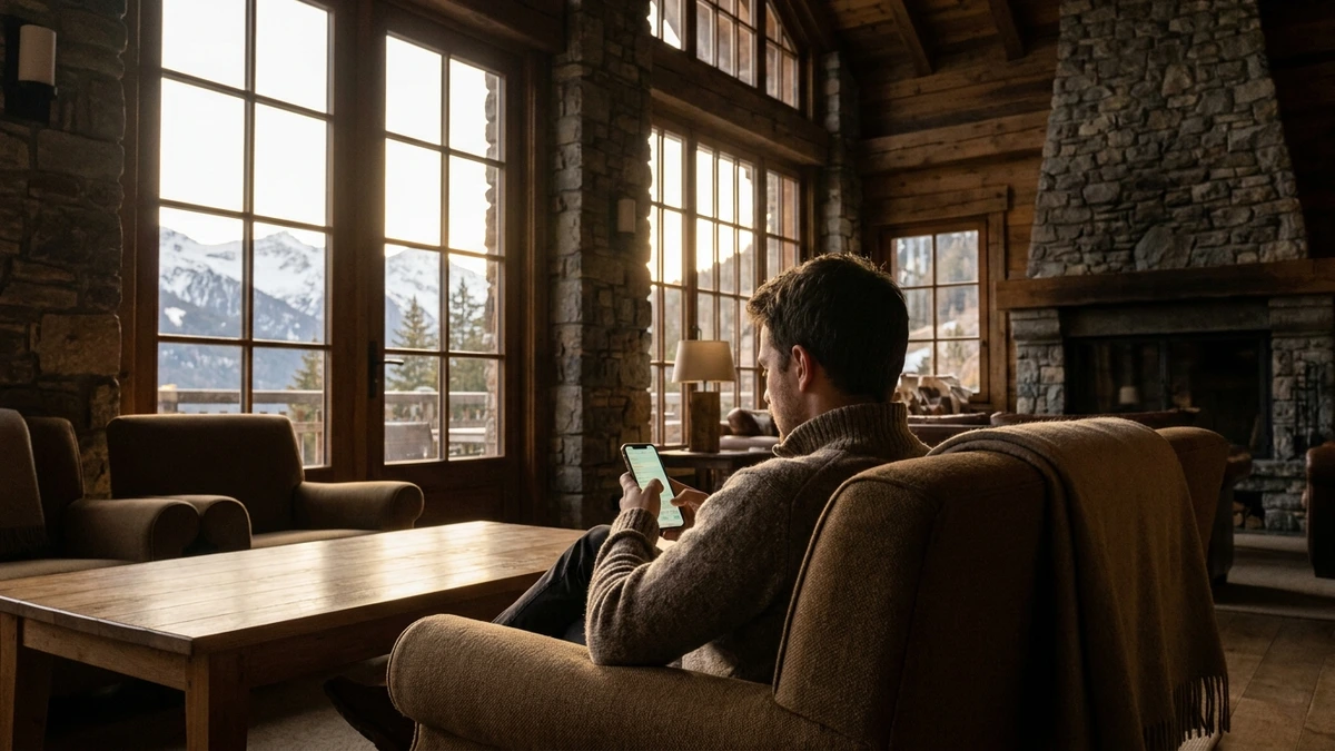 Gast mit Smartphone in der Lounge eines Tiroler Hotels, Bergpanorama im Abendlicht