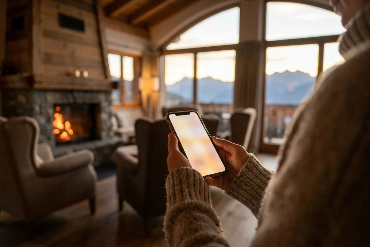Hände halten ein Smartphone vor einer alpinen Hotellounge mit Kamin und Bergblick