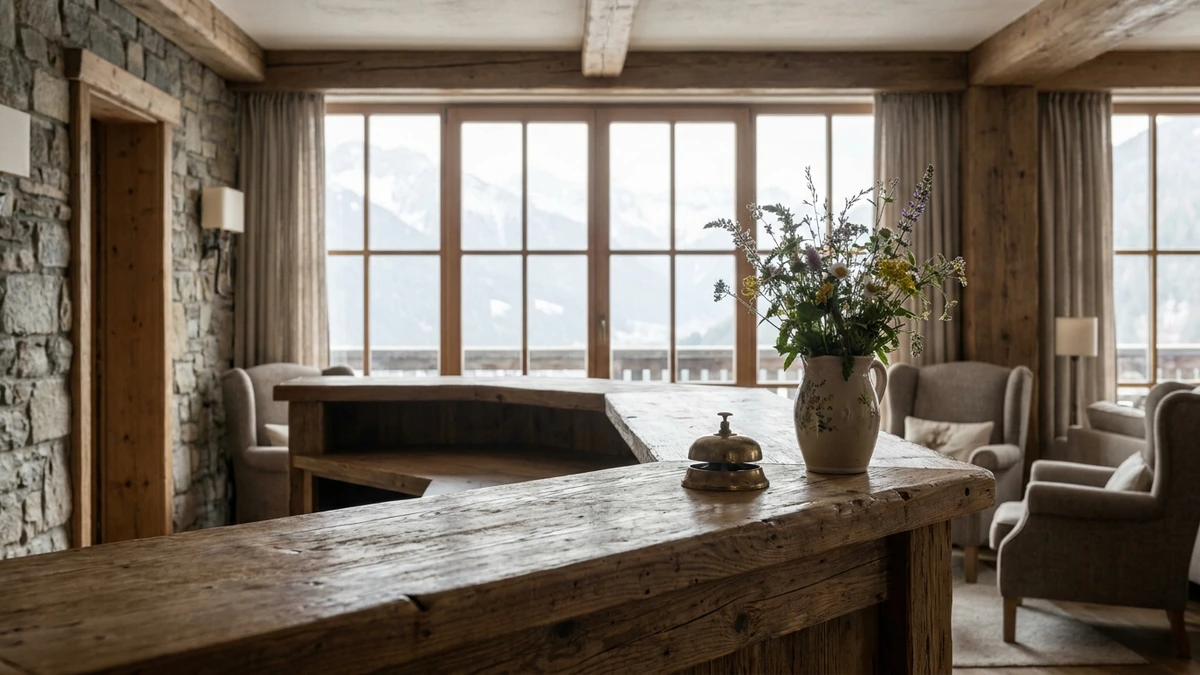 Holztresen einer Hotelrezeption mit Messingklingel und Wildblumenstrauß, dahinter Panoramafenster mit Bergblick