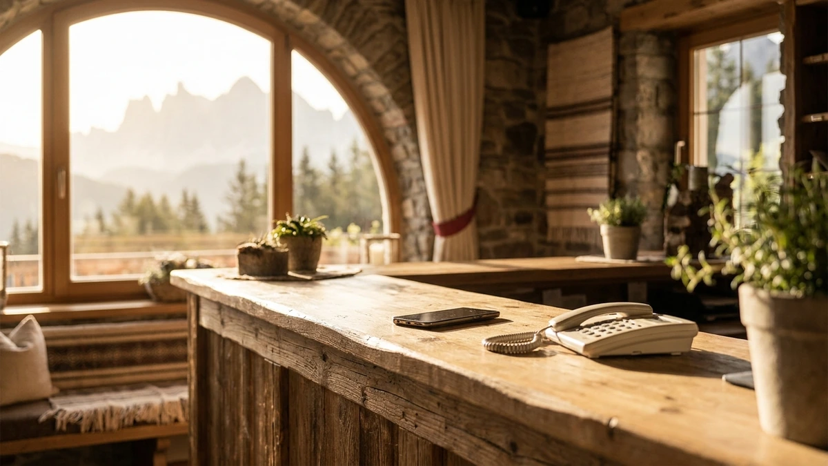 Hotelrezeption in Tirol im Abendlicht mit Bergpanorama im Fenster