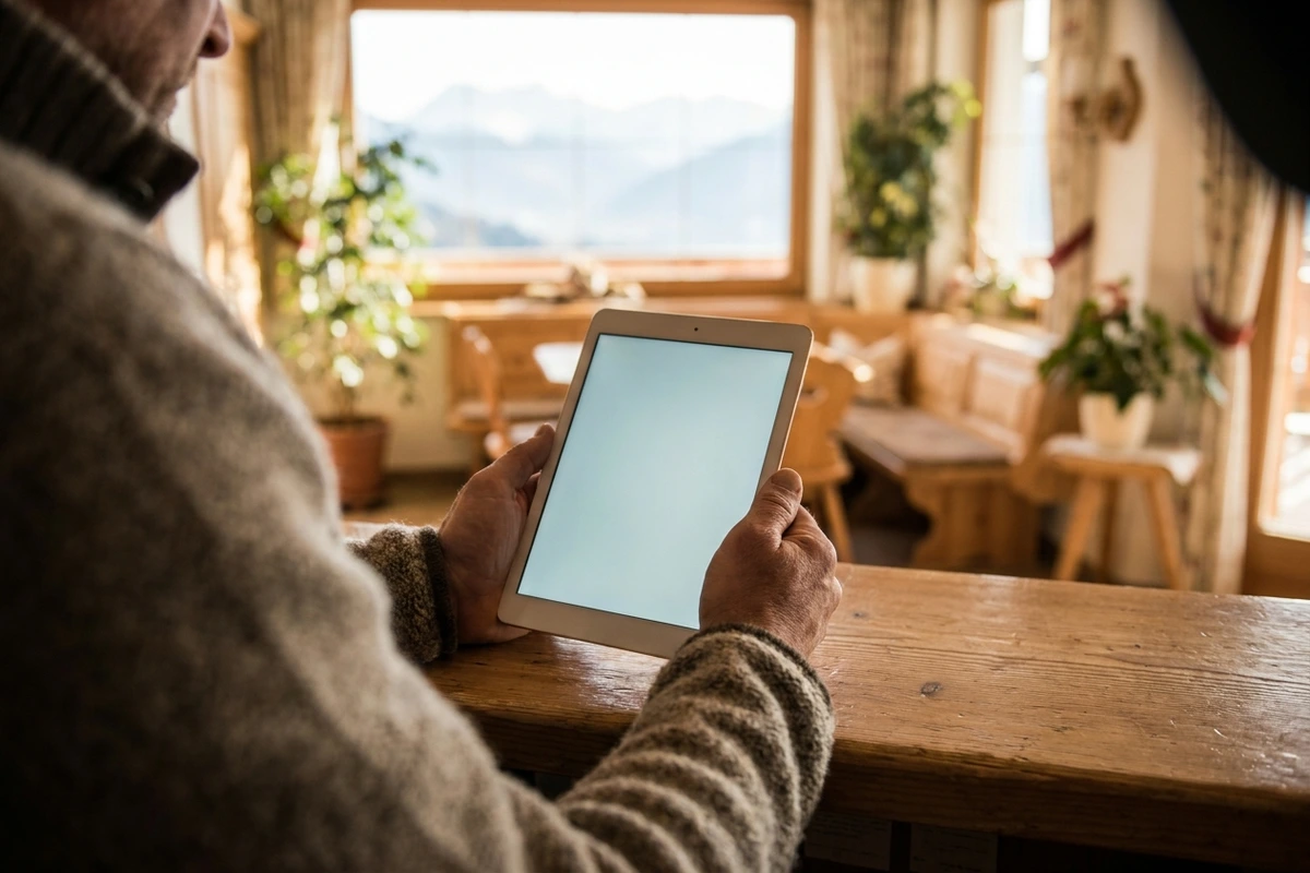 Hände halten ein Tablet an einer Rezeptionstheke in einem Tiroler Hotel mit Bergblick im Hintergrund