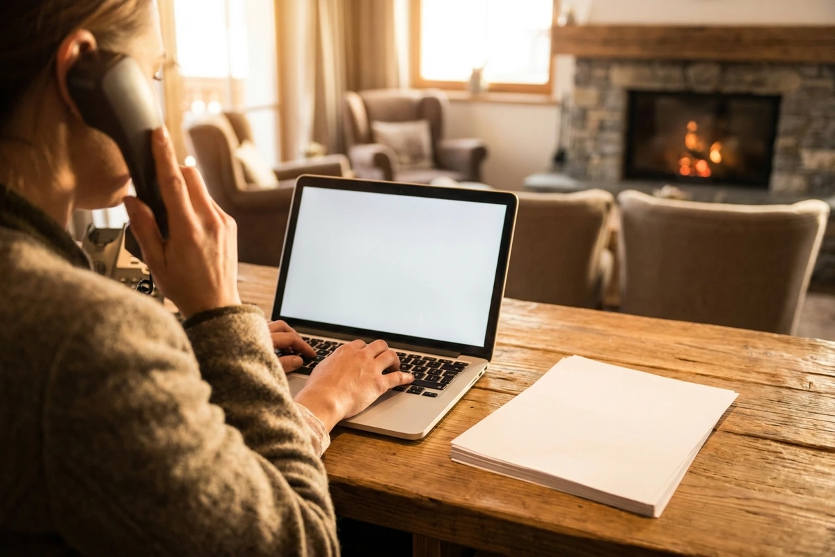 Hotelmitarbeiterin am Empfang telefoniert und tippt gleichzeitig auf einem Laptop