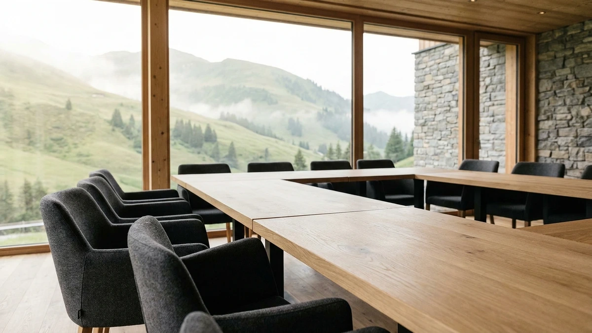 Leerer Tagungsraum mit Bergblick und U-Bestuhlung in einem Hotel