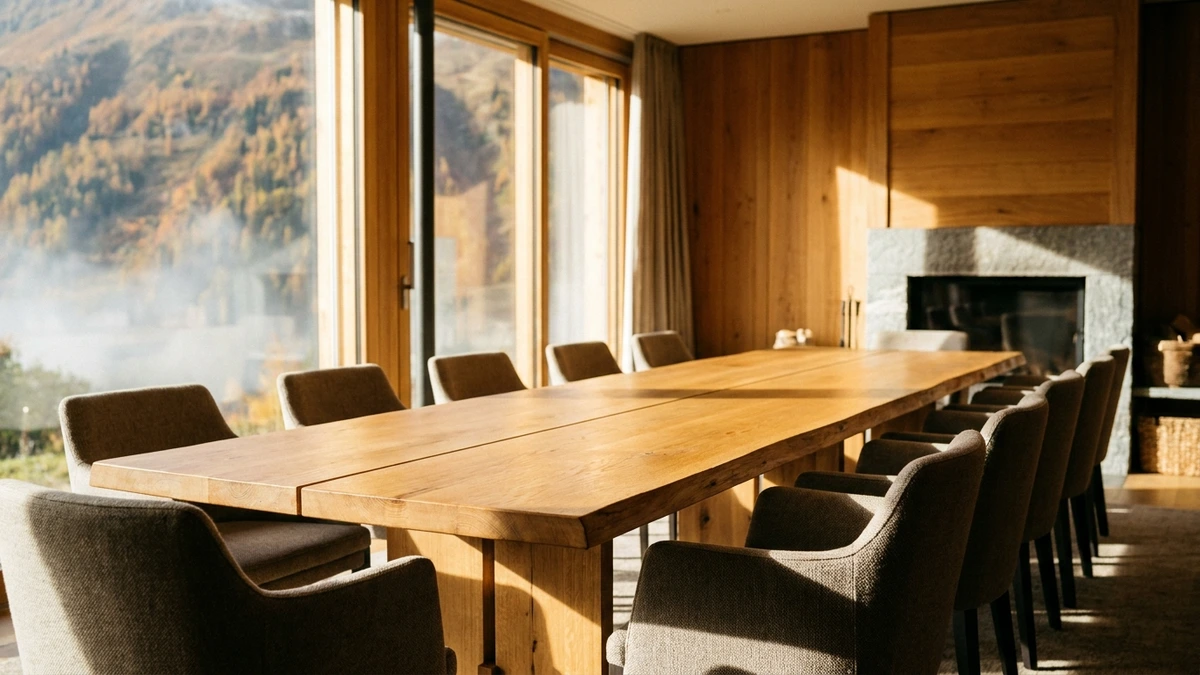 Leerer Tagungsraum mit langem Holztisch und Bergblick im Herbstlicht