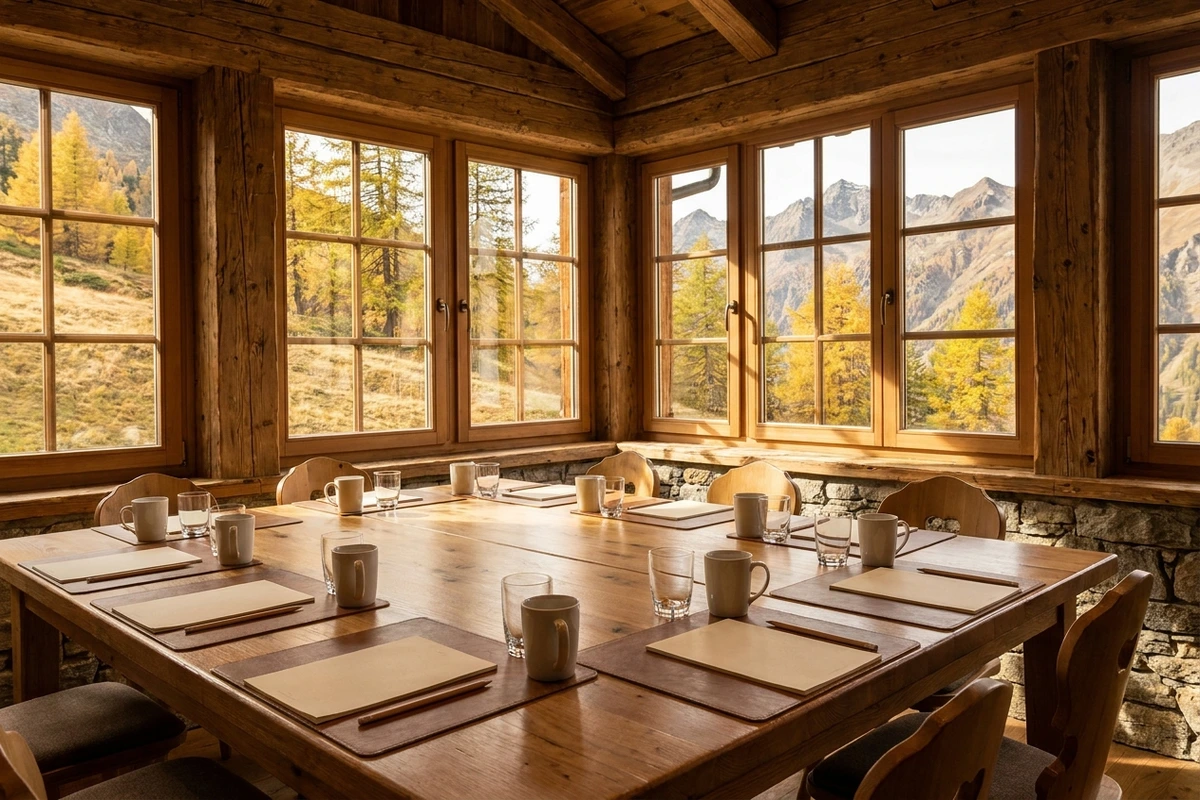 Gedeckter Tagungstisch in einer Alpenhütte mit Herbstlicht und Bergblick durch die Fenster