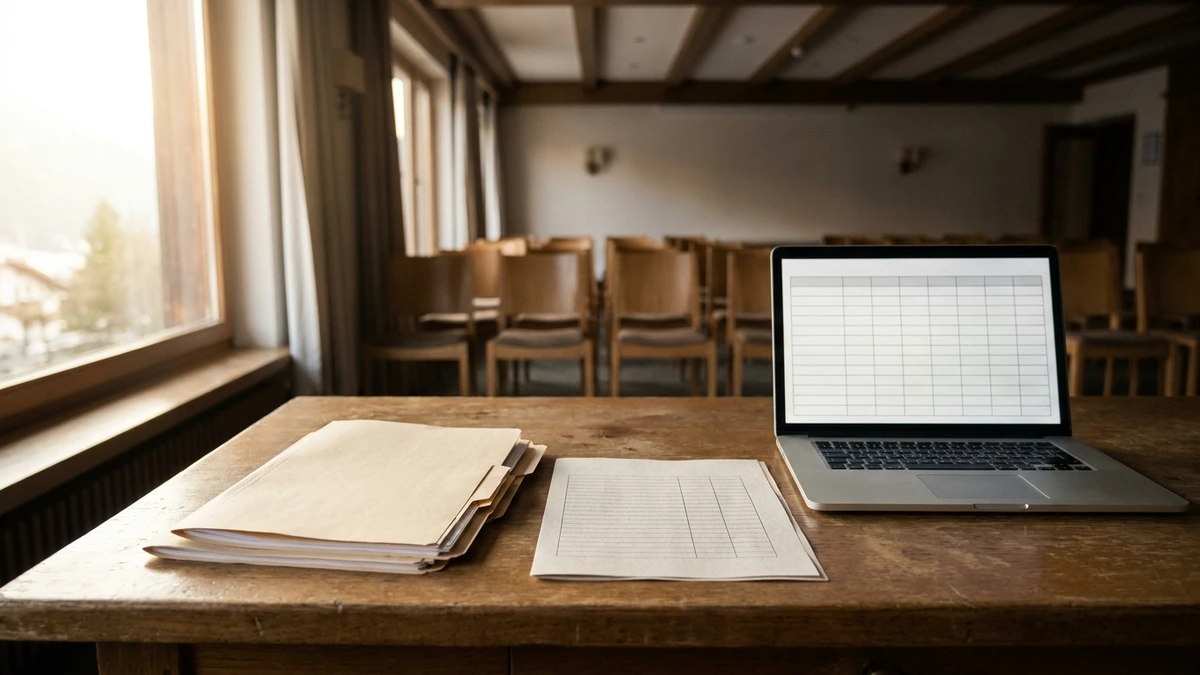 Bankettmappen, Preislisten und ein Laptop auf einem Schreibtisch im Tagungsbereich eines Alpenhotels
