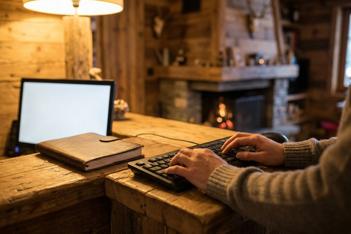 Rezeption eines Alpenhotels am Abend: Hände tippen auf einer Tastatur vor einem leeren Bildschirm, im Hintergrund ein Kamin