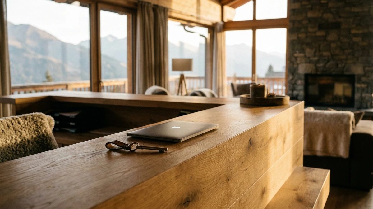 Warme Hotelrezeption in den Alpen mit Bergpanorama im Abendlicht