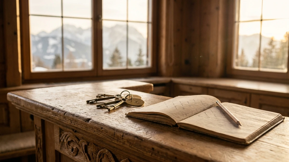 Holztresen an der Rezeption eines Alpenhotels mit Zimmerschlüsseln und einem aufgeschlagenen Buchungskalender aus Papier