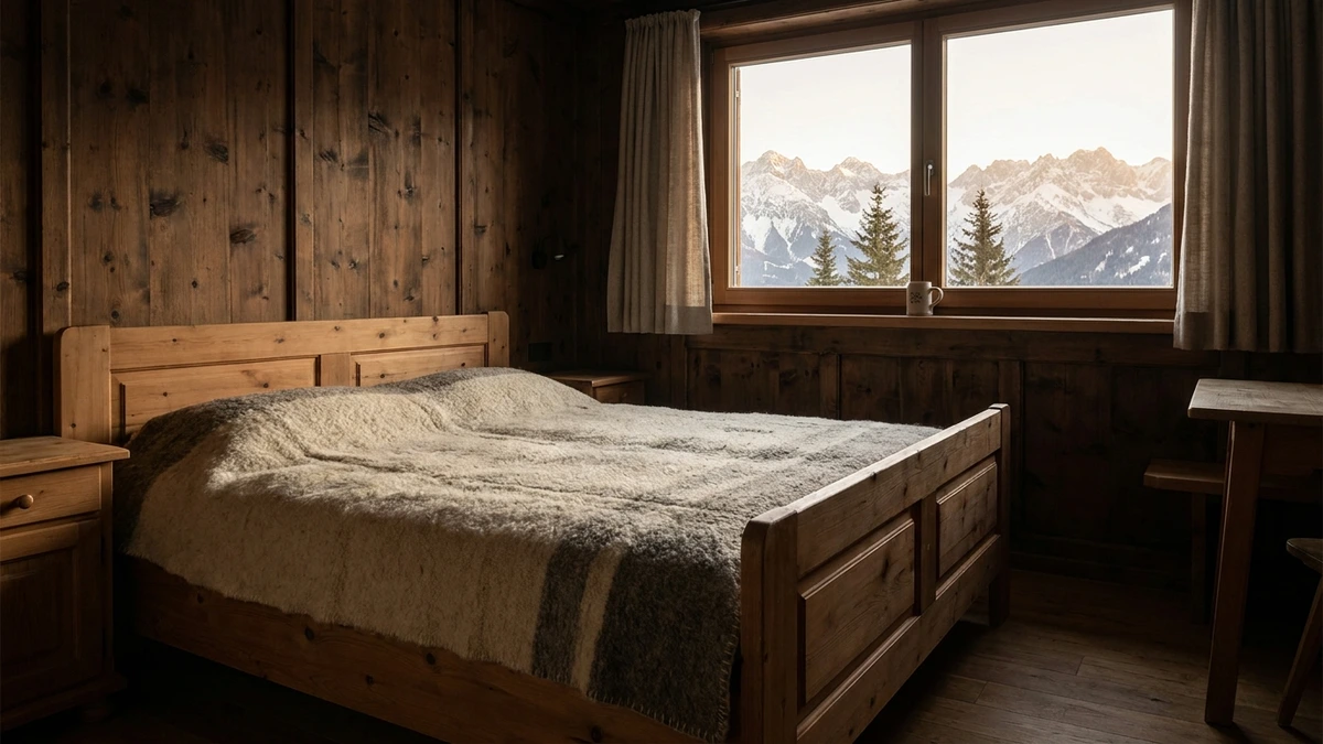 Hotelzimmer in den Bergen mit Blick aus dem Fenster auf Gipfel im Morgenlicht
