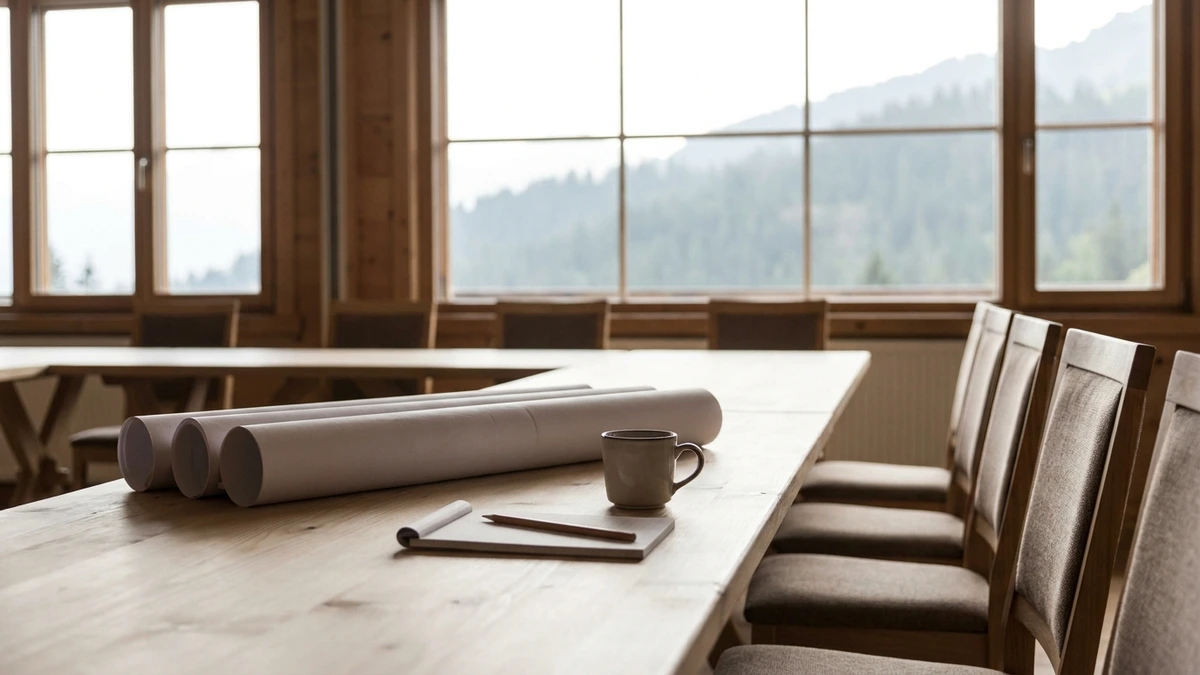Leerer Seminarraum in einem Alpenhotel, auf dem Holztisch liegen Grundrisse, ein Notizblock und eine Kaffeetasse, draußen Nadelwald und Bergkamm