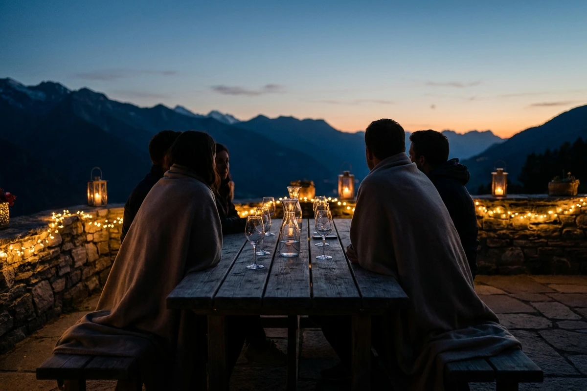 Gruppe am Tisch auf einer Alpenhotel-Terrasse in der Abenddämmerung mit Lichterkette und Bergsilhouette